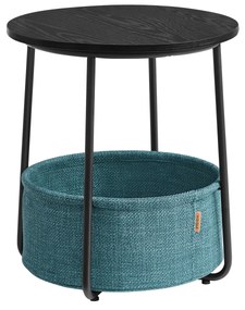 Mesa lateral VASAGLE, mesa lateral redonda com cesto de tecido, espaçosa, para sala de estar e quarto, mesa de cabeceira, estilo moderno, preta com veios de madeira e turquesa escuro LET223B56