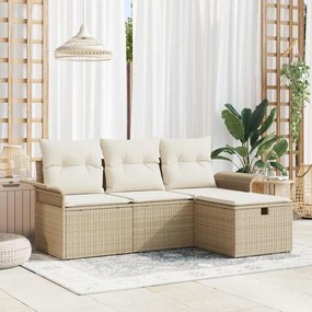 vidaXL Conjunto de Sofá de Jardim de 4 Peças com Almofadas Bege Vime Poliéster