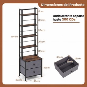 Estante  com Gavetas de Tecido, 40 x 30 x 144 cm, 5 Níveis, Preto + Cinzento