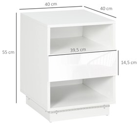 Mesa de Cabeceira Moderna com Luz LED Controlo Remoto Gaveta de Alto Brilho e 2 Prateleiras 40x40x55 cm Branco