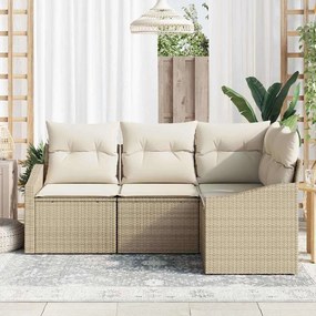 Conjunto de Sofá de Jardim com 4 Peças e Almofadas Bege em Rattan Sint