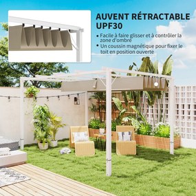 Pérgula de jardim exterior em alumínio, 3 x 4 m, com teto retrátil e abrigo solar UPF30+, para terraço ou pátio, branca e creme