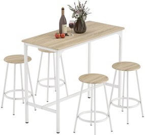 Conjunto de Móveis Altos de Bar com 5 Peças Mesa de Refeição Industrial e 4 Bancos Redondos Madeira e Branco