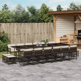 17 pcs conjunto jantar p/ jardim c/ almofadões vime PE castanho