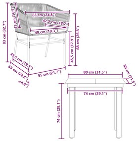 Conjunto jantar jardim 3 peças almofadas vidro vime PE castanho