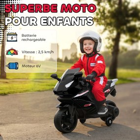 Moto elétrica para crianças 18-36 meses, moto a bateria de 6 V com efeitos luminosos e sonoros, rodas de treino, 75 x 36 x 49 cm, preta