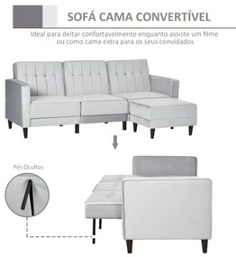 HOMCOM Sofá Cama com Chaise Longue de 3 Lugares Tato Aveludado com Encosto Ajustável e Apoio para os Pés Móvel 218x85x86cm Cinza