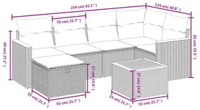 7 pcs conjunto sofás p/ jardim c/ almofadões vime PE cinzento