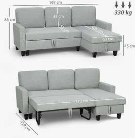 Sofá-Cama Chaise Longue de 3 Lugares Chaise Longue Reversível Ambos Lados com Armazenamento com Capas Removíveis 197x129x85 cm Cinza