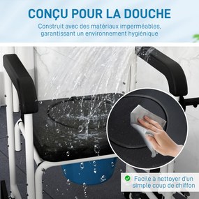Cadeira sanitária para adultos com rodas 53 x 97 x 97 cm, cadeira sanitária para duche com apoio para os pés, encosto e braços, preta