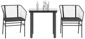 3 pcs conjunto jantar jardim almofadões vime PE vidro preto