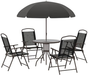 Outsunny Conjunto de Jardim Refeição 6 Peças com 4 Cadeiras Dobráveis 1 Mesa com Bancada de Vidro e 1 Chapéu de Sol Preto | Aosom Portugal