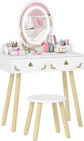 Toucador de Maquilhagem com Luzes LED de 3 Cores  Banco Espelho 2 Gavetas 2 Caixas de Armazenamento 60x30x99,3 cm Branco