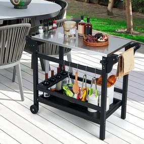 Carrinho de cozinha e de jardim com suporte para forno de pizza em PEAD com rodas Mesa para garrafas de vinho em aço inoxidável 105 x 54 x 85 cm Preto