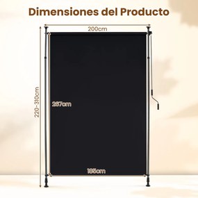 Toldo retrátil vertical 200 x 220-310 cm enrolável para exterior com altura ajustável com manivela para varanda ou piscina Preto