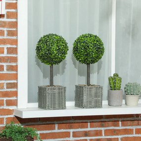 Conjunto de 2 plantas artificiais decorativas, bolas de buxo artificial de 50 cm com vaso de plástico trançado e seixos, verde