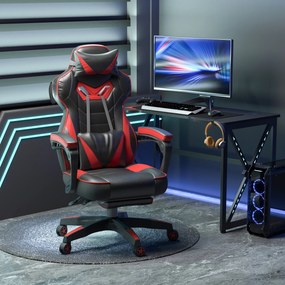 Cadeira de gaming ergonómica, cadeira de escritório confortável com apoio para os pés, apoio para a cabeça e almofada lombar, altura ajustável, preta