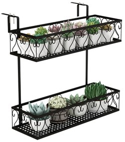 Suporte varandas metálica para plantas de 2 níveis com ganchos ajustáveis 5,5-12,5cm Carga 30kg 60 x 33 x 59 cm Preto