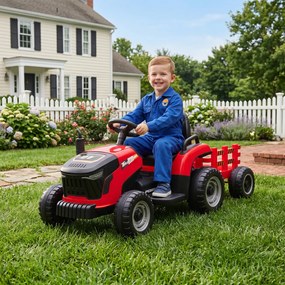 Trator Elétrico para Crianças com Reboque Desmontável Bateria 12V Velocidade 3-5 km/h Controle Remoto 2,4G 139x58x55 cm Vermelho