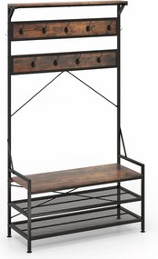 Bengaleiro entrada com Banco para sapatos com Estante 11 Ganchos Estrutura metálica 102 x 40 x 184 cm Castanho