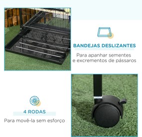 Gaiola para Pássaros com Rodas de 2 Níveis  com Bandejas Removíveis Portas Comedouros Poleiros 51,5x50x140 cm Preto
