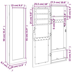 Móvel para joias de parede espelhado 30x8,5x90 cm