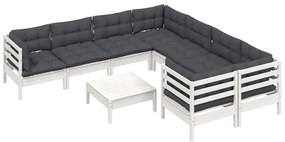 9 pcs conjunto lounge de jardim c/ almofadões pinho branco