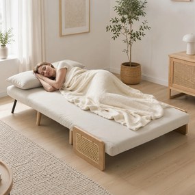 Sofá-cama de 2 lugares pequeno 103 L x 78 P x 82 A cm, 3 em 1 em chenille de 103 cm, encosto ajustável, 2 almofadas, braços em madeira, creme