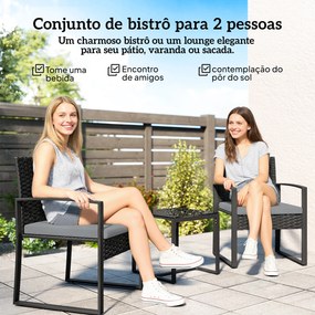 Conjunto de Móveis de Jardim de 3 Peças em Vime PE com Cadeiras Mesa de Vidro Temperado e Almofadas Cinza Claro