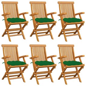 vidaXL Cadeiras de jardim c/ almofadões verdes 6 pcs teca maciça