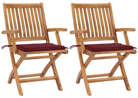 vidaXL Cadeiras jardim c/ almofadões vermelho tinto 2 pcs teca maciça