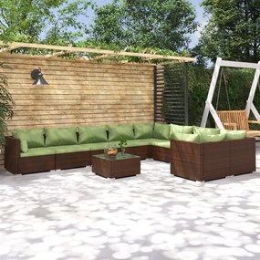 vidaXL 10 pcs conjunto lounge de jardim c/ almofadões vime PE castanho