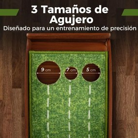 Tapete de golfe com 3 tamanhos de buracos Ajuda à prática com retorno automático da bola 302 x 37 x 15 cm Castanho + Verde