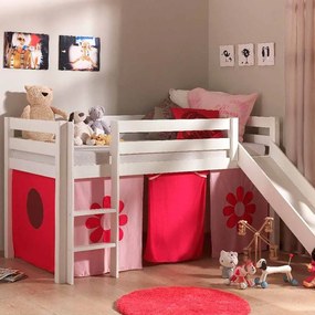 Conjunto Cama alta de Criança PINO 90 x 200 cm + estrado + escada + escorrega + cortina Flores Branca
