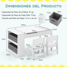 Mesa e cadeiras infantis 2 em 1 com arrumação, com tampo elevável, rolo de papel, 6 copos de tinta e 6 caixas brancas