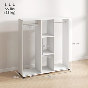 Guarda roupa aberto com varões, móvel de arrumação com rodas, 6 rodas, 120 x 40 x 128 cm, branco