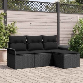 vidaXL Conjunto de Sofá de Jardim de 4 Peças com Almofadas Preto Rattan Poliéster