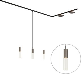 Sistema de calhas de iluminação moderno preto com 3 candeeiros suspensos e 2 candeeiros de teto cor de bronze 1-fase - Iconic Lloyd Pulley