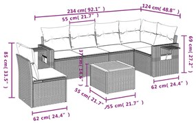 7 pcs conjunto de sofás p/ jardim com almofadões vime PE bege
