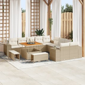 Conjunto de Sofá de Jardim vidaXL de 13 Peças com Almofadas Bege Rattan Poly Acácia