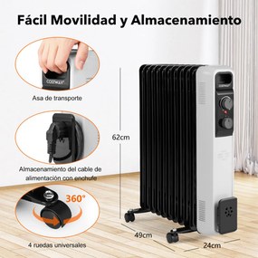 Radiador a Óleo 2500W Aquecedor Eléctrico 3 Definições de Calor Termóstato Portátil Silencioso Termóstato Portátil para Casa Escritorio