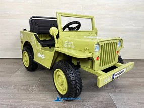 Jipe Willys 12V 1 Lugar 4x4 elétrico para crianças Todo terreno, rodas de borracha, assento Couro sintético cáqui militar