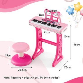 Piano eletrónico para crianças de 37 teclas com banco ajustável microfone removível suporte de música brinquedo eletrionico Rosa