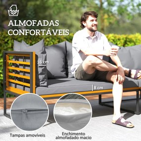 Conjunto de Jardim de 4 Peças em Forma de L com 2 Sofás de 2 Lugares Sofá de Canto e Mesa de Centro  Cinza e Madeira