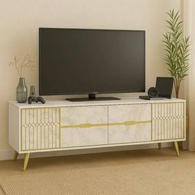 Móvel de TV ELOISE em Mármore Branco com 4 Portas e Pernas Douradas –