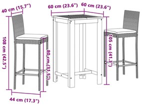 3 pcs conjunto de bar para jardim acácia maciça/vime PE preto