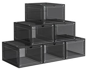 Caixas de sapatos SONGMICS, organizadores de plástico para sapatos com portas transparentes, conjunto de 6, empilháveis, fácil montagem, 27 x 34,5 x 19 cm, tamanho até 10 do Reino Unido, preto LSP032B06