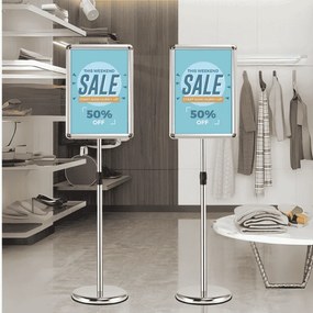 Conjunto de 2 suportes de pé A3 para cartazes de metal, cartazes de quadro, menus, publicidade exterior, altura ajustável, giratório, prateado