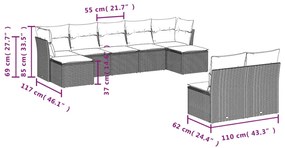 10 pcs conjunto sofás de jardim c/ almofadões vime PE cinzento
