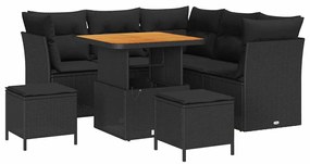 Sofá de Jardim - 8 Peças, Almofadas, Preto, Rattan e Acácia